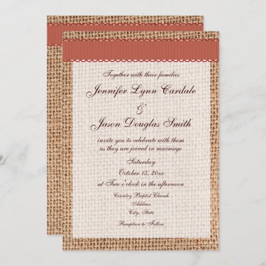 印刷素朴バーラップ焼きオレンジリ結婚ボン 招待状 (正面/裏面)