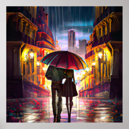 印象主義フランスは雨の中でカップル歩く ポスター