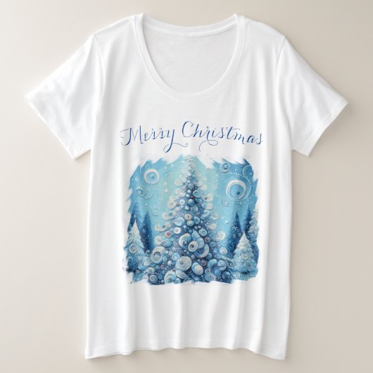 印象派お洒落のクリスマスツリーブルー プラスサイズTシャツ (デザイン正面)