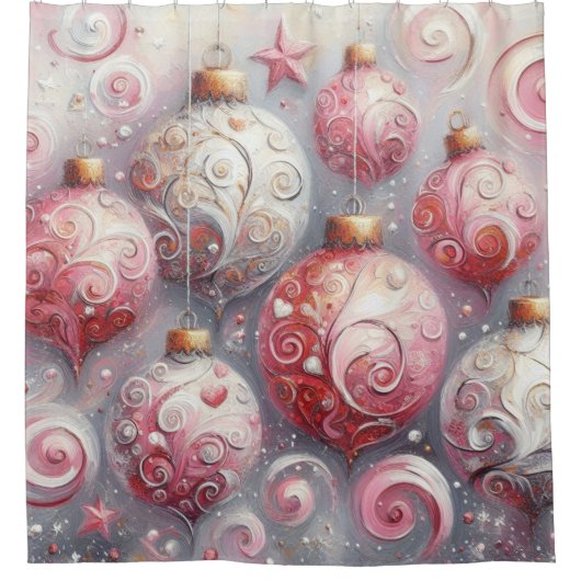 印象派お洒落クリスマスオーナメントピンク シャワーカーテン (正面)