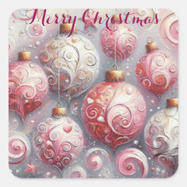 印象派お洒落クリスマスオーナメントピンク スクエアシール