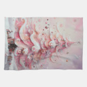 印象派お洒落クリスマスツリーピンク キッチンタオル (横)
