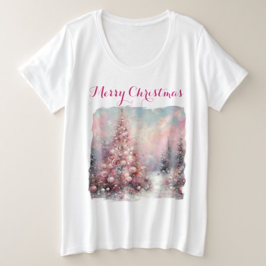 印象派お洒落クリスマスツリーピンク プラスサイズTシャツ (デザイン正面)