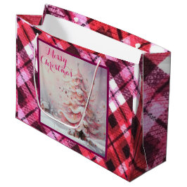 印象派お洒落クリスマスツリーピンク ラージペーパーバッグ