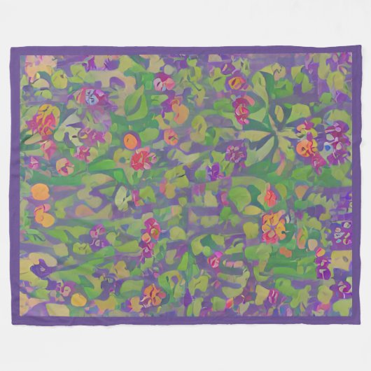印象派お洒落パープルアイリスボホフローラ フリースブランケット (正面(横))