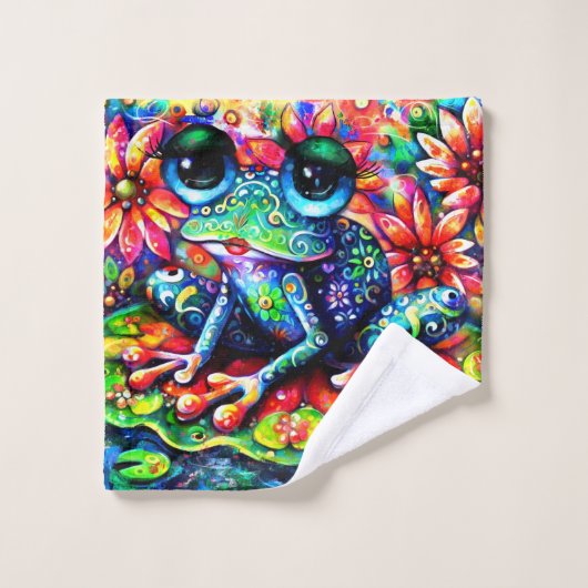 印象派お洒落フローラカエル青 ウォッシュタオル (ウォッシュタオル)