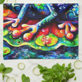 印象派お洒落フローラカエル青 キッチンタオル (折り畳み)