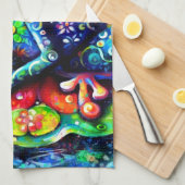 印象派お洒落フローラカエル青 キッチンタオル (四つ折り)