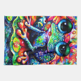 印象派お洒落フローラカエル青 キッチンタオル