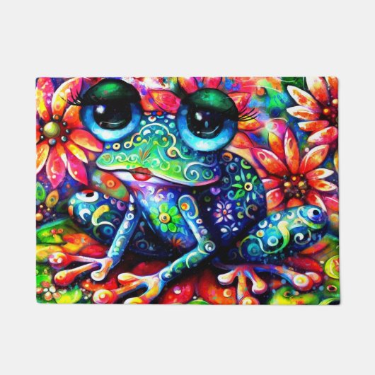 印象派お洒落フローラカエル青 ドアマット (正面)