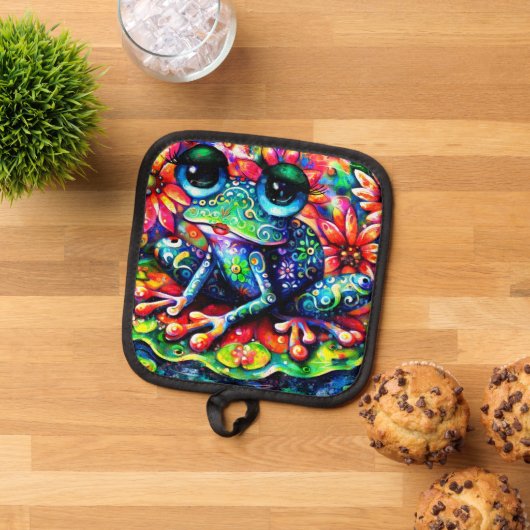 印象派お洒落フローラカエル青 鍋敷き (トップダウン)