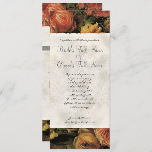 印象派のコーラルンイエローローズ – ウェディング招待 招待状 (正面/裏面)