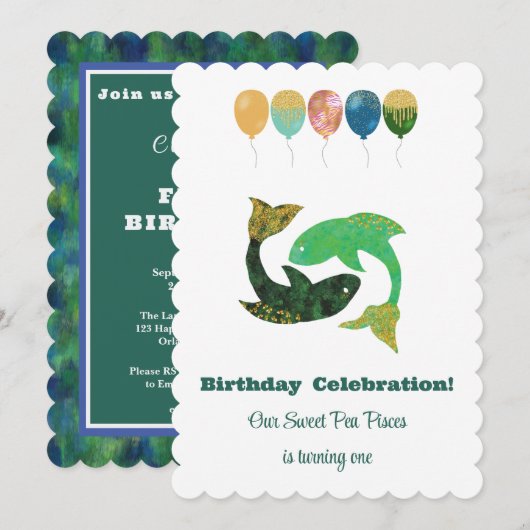 印象派のゴールドラメが輝くうお座の1歳の誕生日 招待状 (正面/裏面)