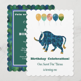 印象派のゴールドラメ牡牛座の1歳の誕生日 招待状