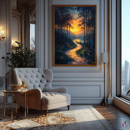 印象派のサンセットフォレストのパススタイル ポスター