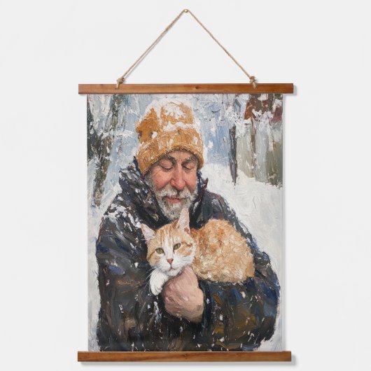 印象派のタペストリー - 雪の中の老人と猫 吊り下げ型タペストリー (正面)