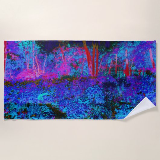 印象派のダークブルーとレッドガーデンの風景 ビーチタオル (正面)