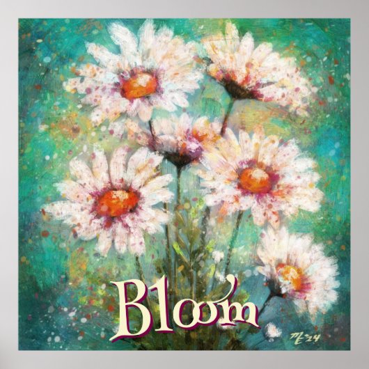 印象派のデイジーの花のティール色の名入れデザイン ポスター (正面)