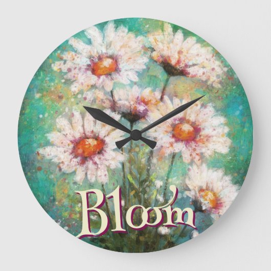 印象派のデイジーの花のテイスト ティール色のオーダーメイド ラージ壁時計 (正面)