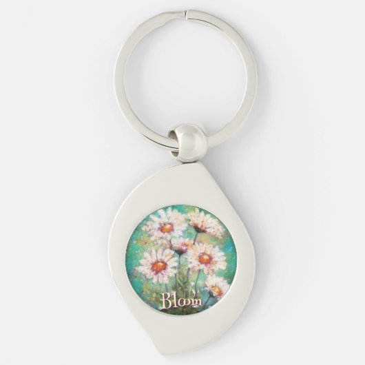 印象派のデイジーの花のテイスト ティール色 オーダーメイド キーホルダー (正面)
