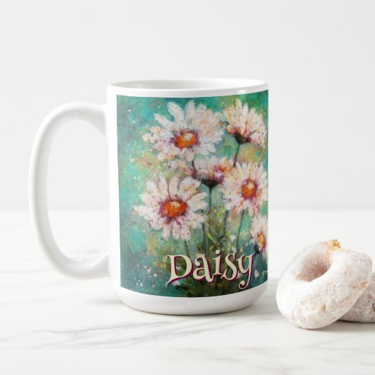 印象派のデイジーの花のテイスト ティール色 オーダーメイド コーヒーマグカップ (ドーナツ)