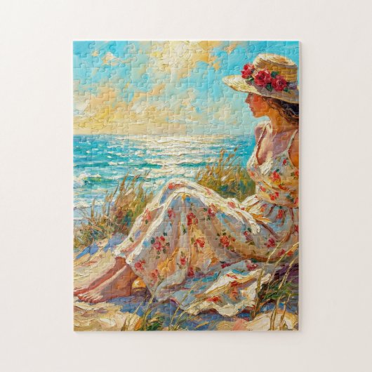印象派のビーチレディー油絵 - 夏 ジグソーパズル (縦)
