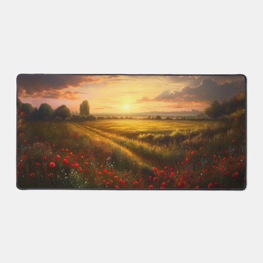 印象派のポピー畑の夕日の風景 デスクマット (正面)