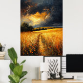 印象派の嵐の空の下の黄金の小麦畑 ポスター (ホームオフィス)