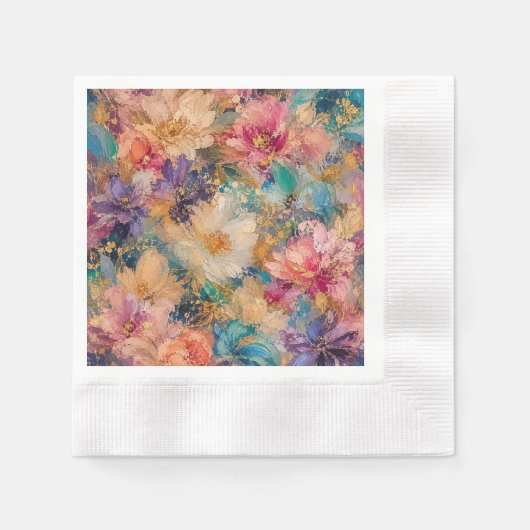 印象派の抽象的な花の油絵 縁ありカクテルナプキン (正面)