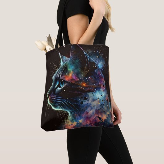 印象派の暗い銀河の猫と星 トートバッグ (クローズアップ)