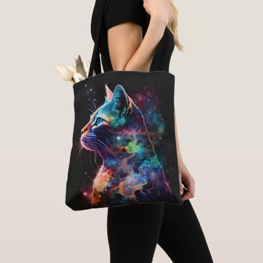 印象派の暗い銀河の猫と星 トートバッグ (クローズアップ)