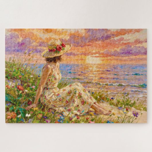 印象派の海岸の夕日|ビーチの女性 ジグソーパズル (横)
