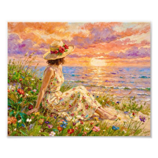印象派の海岸の夕日｜ビーチの女性 フォトプリント            (正面)