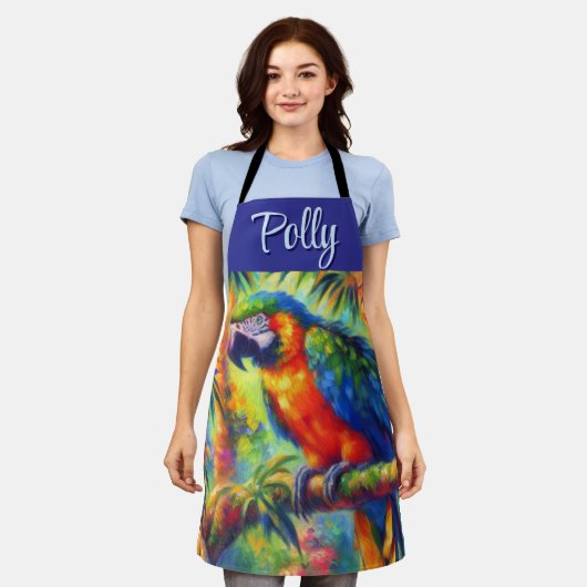 印象派の熱帯産オウムのバードブルーグリーン エプロン (着用した状態)