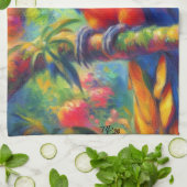 印象派の熱帯産オウムのバードブルーグリーン キッチンタオル (折り畳み)