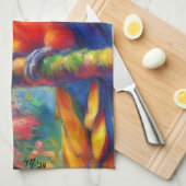 印象派の熱帯産オウムのバードブルーグリーン キッチンタオル (四つ折り)