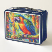 印象派の熱帯産オウムのバードブルーグリーン メタルランチボックス (裏面)
