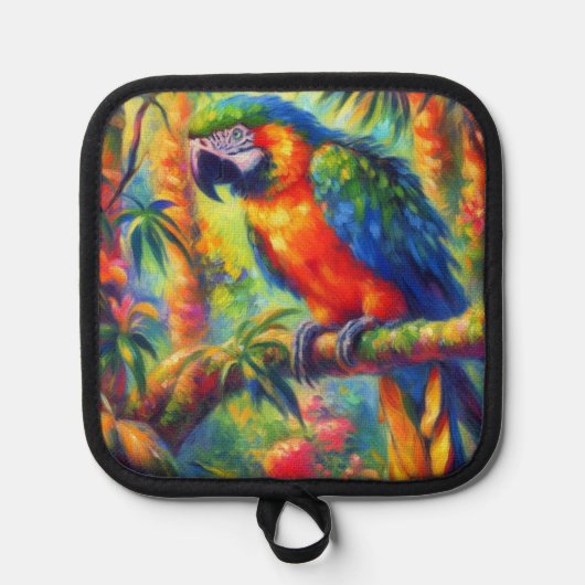 印象派の熱帯産オウムのバードブルーグリーン 鍋敷き (正面)