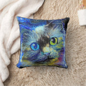 印象派の猫の肖像画 ブルー イエロー ブラック クッション (ブランケット)