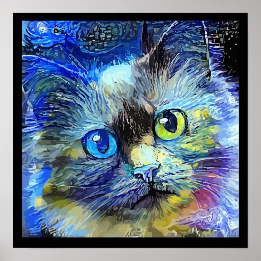 印象派の猫の肖像画 青 黄色 黒 ポスター (正面)