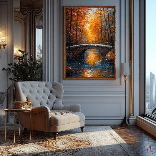 印象派の穏やかな川に架かる秋の橋 ポスター