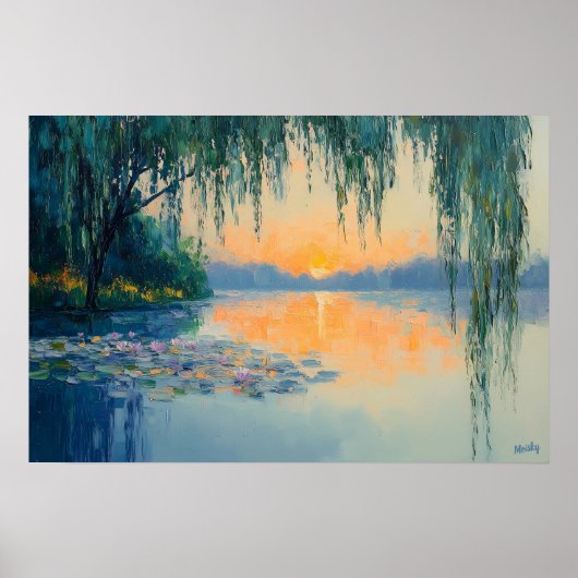 印象派の穏やかな湖の夕焼けの壁画 ポスター (正面)