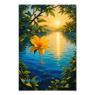 印象派の自然芸術 - 夕焼けの金色の花 フォトプリント