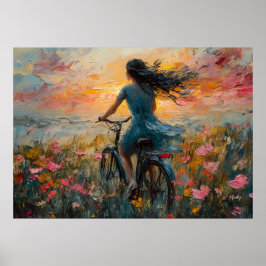 印象派の花畑を抜ける夕日の自転車の旅 ポスター