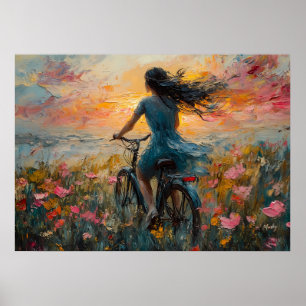 印象派の花畑を抜ける夕日の自転車の旅 ポスター