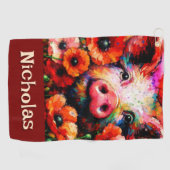 印象派の豚の赤いケシのパーソナライズされた花 ゴルフタオル (横)