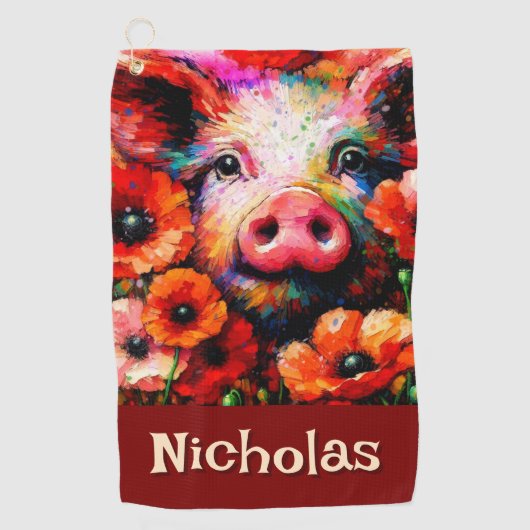 印象派の豚の赤いケシのパーソナライズされた花 ゴルフタオル (正面)