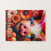 印象派の豚の赤いケシのパーソナライズされた花 ジグソーパズル (横)