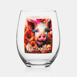 印象派の豚の赤いケシのパーソナライズされた花 ステムなしワイングラス