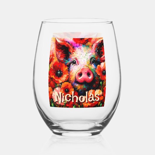 印象派の豚の赤いケシのパーソナライズされた花 ステムなしワイングラス (正面)